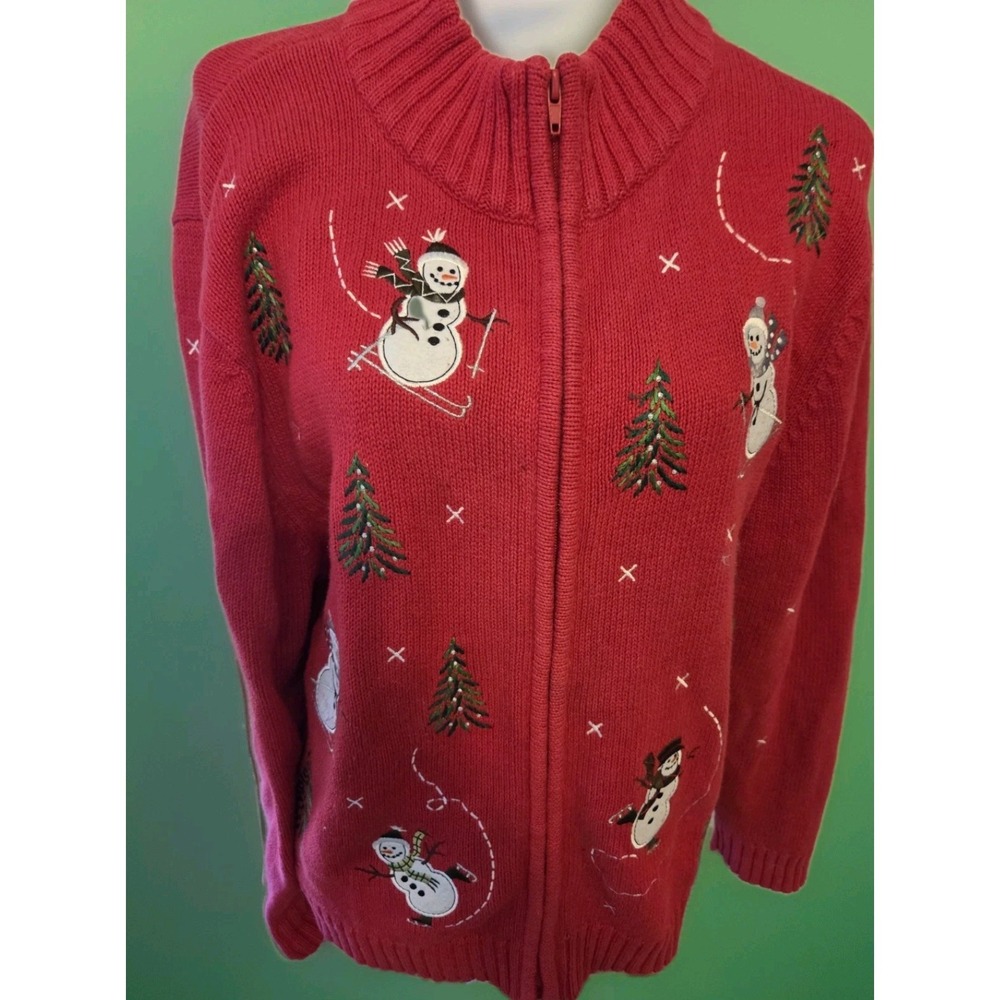 Wish for Joy Christmas Sweater Womens XL (18) Red Full Zip Embroidery Snowmen